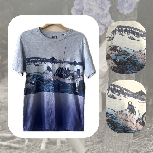 (women) uniqlo • hokusai blue gray ombré japanese graphic oversized tshirt - Picture 2 of 14